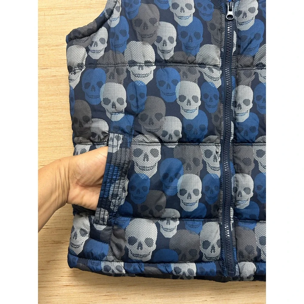 Old Navy Boys Medium 8 Skull Print Puffer Vest Blue Fleece Lined Zip Up‎ 3290